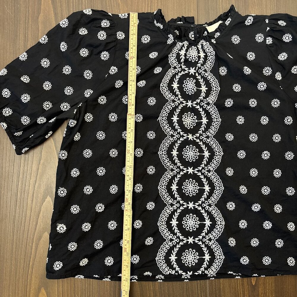 LOFT Black Embroidered Puff Sleeve Top Women's Size Large Boho Cottagecore - Picture 14 of 15